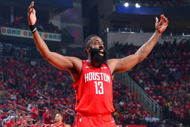 HOUSTON, TX - APRIL 17: James Harden #13 of the Houston Rockets reacts to a play against the Utah Jazz during Game Two of Round One of the 2019 NBA Playoffs on April 17, 2019 at the Toyota Center in Houston, Texas. NOTE TO USER: User expressly acknowledges and agrees that, by downloading and/or using this photograph, user is consenting to the terms and conditions of the Getty Images License Agreement. Mandatory Copyright Notice: Copyright 2019 NBAE (Photo by Bill Baptist/NBAE via Getty Images)