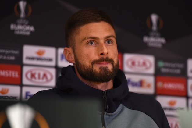 COBHAM, ENGLAND - APRIL 17: Olivier Giroud of Chelsea looks on during a Chelsea Press Conference at Stamford Bridge on April 17, 2019 in Cobham, England. (Photo by Harriet Lander/Getty Images)