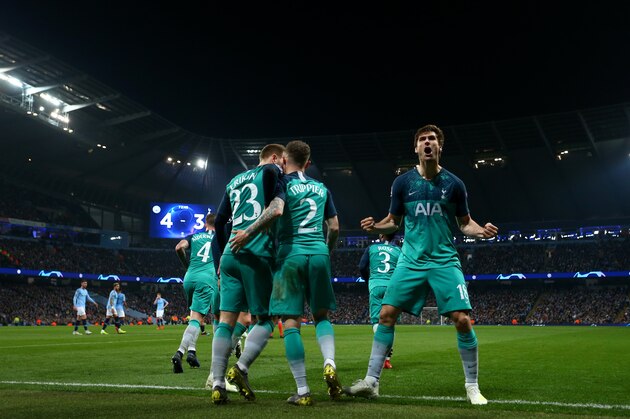MANCHESTER, ENGLAND - APRIL 17: Fernando Llorente of Tottenham Hotspur celebrates scoring his teams third goal during the UEFA Champions League Quarter Final second leg match between Manchester City and Tottenham Hotspur at at Etihad Stadium on April 17, 2019 in Manchester, England. (Photo by Chloe Knott - Danehouse/Getty Images)