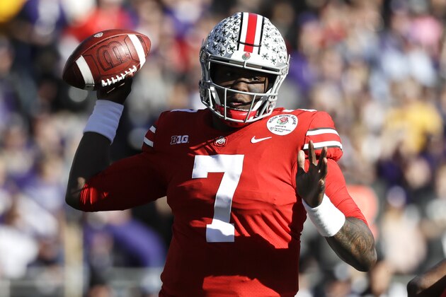 Ohio State quarterback Dwayne Haskins passes against Washington during the first half of the Rose Bowl NCAA college football game Tuesday, Jan. 1, 2019, in Pasadena, Calif. (AP Photo/Jae C. Hong)