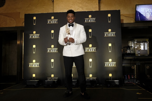 IMAGE DISTRIBUTED FOR THE NFL -Saquon Barkley of the New York Giants poses with the award for AP offensive rookie of the year in the press room at the 8th Annual NFL Honors at The Fox Theatre on Saturday, Feb. 2, 2019, in Atlanta. (Photo by AJ Mast/Invision for NFL/AP Images)