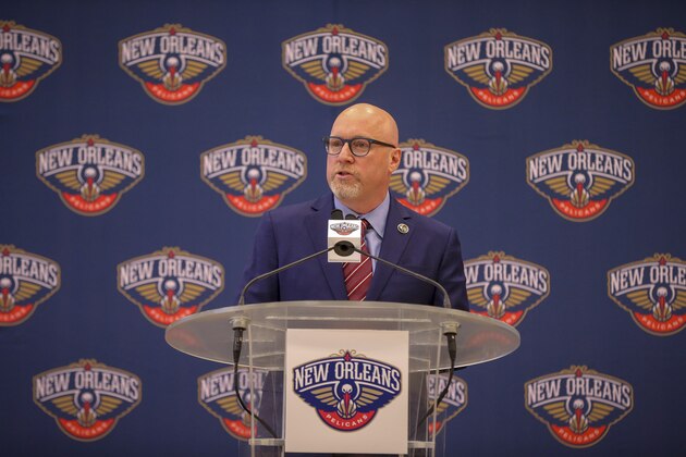METAIRIE, LA - MARCH 14: David Griffin, Executive Vice President of Basketball Operations for the New Orleans Pelicans, talks to the media during an introductory press conference on April 17, 2019 at Ochsner Sports Performance Center in Metairie, Louisiana. NOTE TO USER: User expressly acknowledges and agrees that, by downloading and or using this Photograph, user is consenting to the terms and conditions of the Getty Images License Agreement. Mandatory Copyright Notice: Copyright 2019 NBAE (Photo by Layne Murdoch Jr./NBAE via Getty Images)