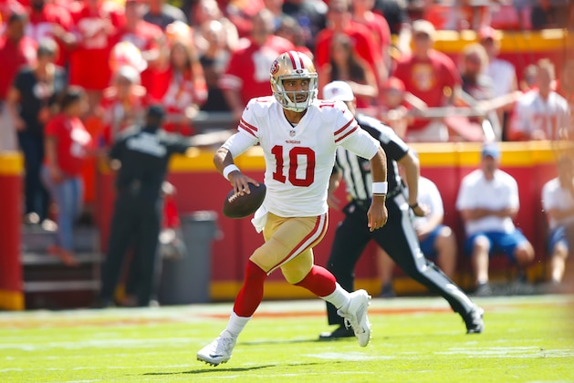 KANSAS CITY, MO - SEPTEMBER 23: Jimmy Garoppolo #10 of the San Francisco 49ers scrambles during the game against the Kansas City Chiefs at Arrowhead Stadium on September 23, 2018 in Kansas City, Missouri. The Chiefs defeated the 49ers 38-27. (Photo by Michael Zagaris/San Francisco 49ers/Getty Images)