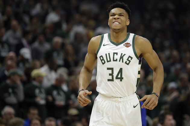 Milwaukee Bucks' Giannis Antetokounmpo before Game 2 of an NBA basketball first-round playoff series against the Detroit Pistons Wednesday, April 17, 2019, in Milwaukee. (AP Photo/Aaron Gash)