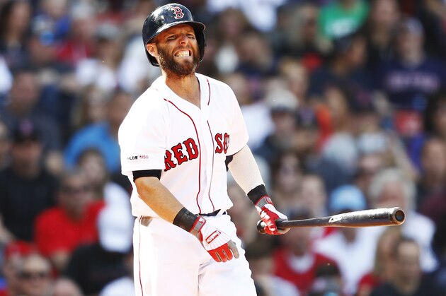 BOSTON, MASSACHUSETTS - APRIL 13: Dustin Pedroia #15 of the Boston Red Sox winches after fouling a ball on to his shin in the bottom of the fifth inning of the game against the Baltimore Orioles at Fenway Park on April 13, 2019 in Boston, Massachusetts. (Photo by Omar Rawlings/Getty Images)