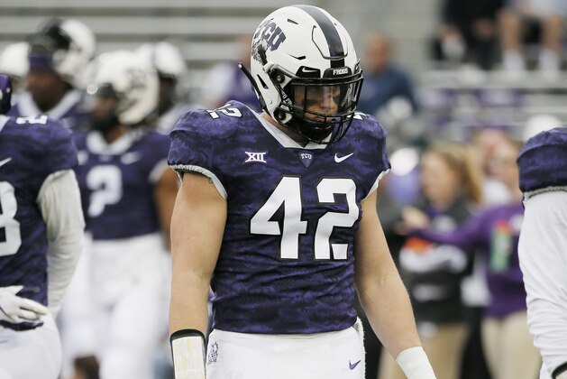 TCU linebacker Ty Summers (42) before the first half of an NCAA college football game against Oklahoma, Saturday, Oct. 20, 2018, in Fort Worth, Texas. Oklahoma won 52-27. (AP Photo/Brandon Wade)