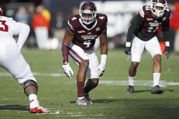 JACKSONVILLE, FL - DECEMBER 30: Gerri Green #4 of the Mississippi State Bulldogs lines up against the Louisville Cardinals during the TaxSlayer Bowl at EverBank Field on December 30, 2017 in Jacksonville, Florida. The Bulldogs won 31-27. (Photo by Joe Robbins/Getty Images)