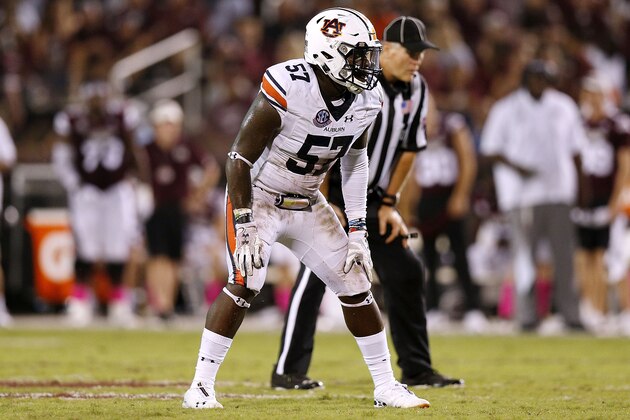 STARKVILLE, MS - OCTOBER 06:  Deshaun Davis #57 of the Auburn Tigers defends during a game against the Mississippi State Bulldogs at Davis Wade Stadium on October 6, 2018 in Starkville, Mississippi.  (Photo by Jonathan Bachman/Getty Images)