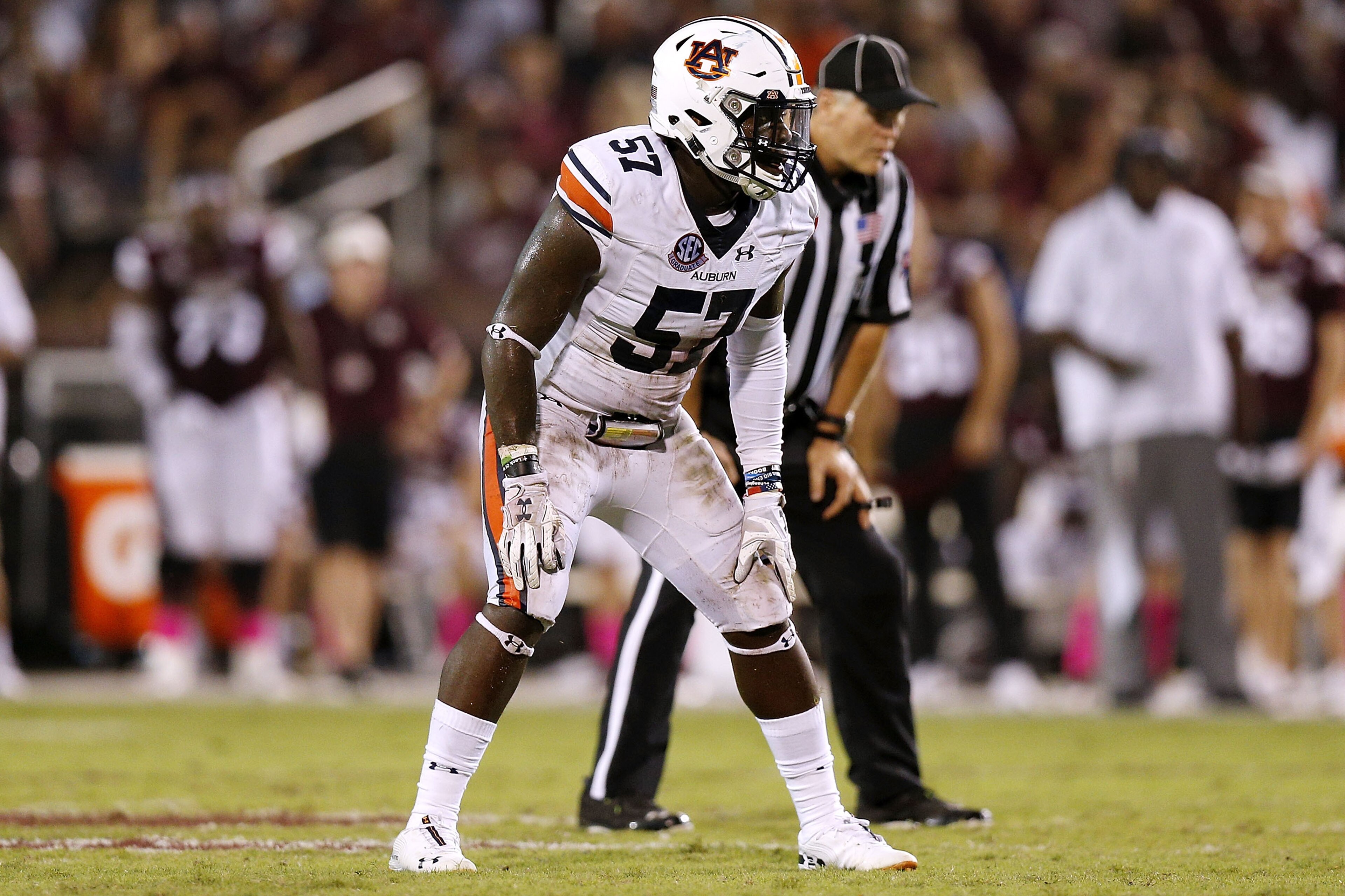 STARKVILLE, MS - OCTOBER 06:  Deshaun Davis #57 of the Auburn Tigers defends during a game against the Mississippi State Bulldogs at Davis Wade Stadium on October 6, 2018 in Starkville, Mississippi.  (Photo by Jonathan Bachman/Getty Images)