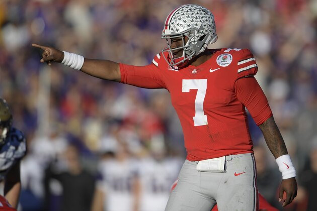 Ohio State quarterback Dwayne Haskins points during the first half of the Rose Bowl NCAA college football game against Washington Tuesday, Jan. 1, 2019, in Pasadena, Calif. (AP Photo/Mark J. Terrill)