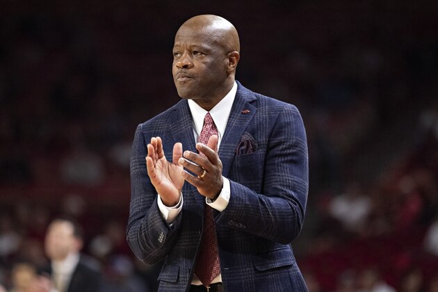 FAYETTEVILLE, AR - FEBRUARY 5:  Head Coach Mike Anderson of the Arkansas Razorbacks claps for his team during a game against the Vanderbilt Commodores at Bud Walton Arena on February 5, 2019 in Fayetteville, Arkansas. The Razorbacks defeated the Commodores 69-66.  (Photo by Wesley Hitt/Getty Images)