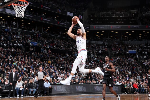 BROOKLYN, NY - APRIL 18: Ben Simmons #25 of the Philadelphia 76ers dunks the ball against the Brooklyn Nets during Game Three of Round One of the 2019 NBA Playoffs on April 18, 2019 at the Barclays Center in Brooklyn, New York. NOTE TO USER: User expressly acknowledges and agrees that, by downloading and/or using this photograph, user is consenting to the terms and conditions of the Getty Images License Agreement. Mandatory Copyright Notice: Copyright 2019 NBAE (Photo by Nathaniel S. Butler/NBAE via Getty Images)