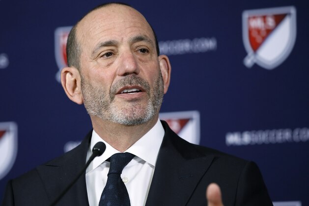 Major League Soccer Commissioner Don Garber speaks at a news conference in Los Angeles, Thursday, April 18, 2019. Sacramento and St. Louis have been invited to submit formal bids for franchises as the MLS Board of Governors formally unveiled plans Thursday to expand to 30 teams. (AP Photo/Alex Gallardo)