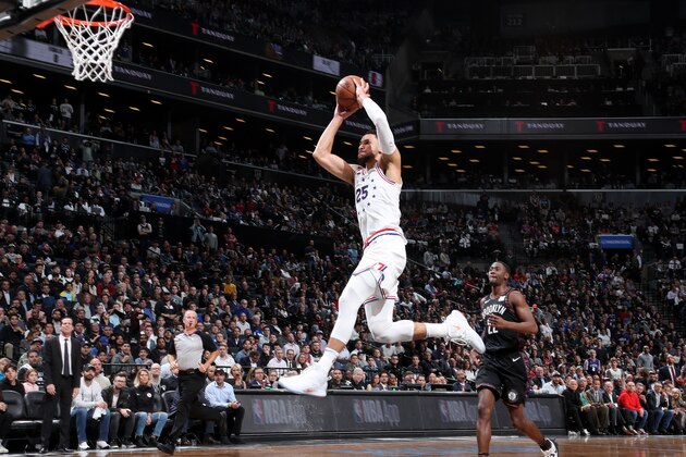 BROOKLYN, NY - APRIL 18: Ben Simmons #25 of the Philadelphia 76ers dunks the ball against the Brooklyn Nets during Game Three of Round One of the 2019 NBA Playoffs on April 18, 2019 at the Barclays Center in Brooklyn, New York. NOTE TO USER: User expressly acknowledges and agrees that, by downloading and/or using this photograph, user is consenting to the terms and conditions of the Getty Images License Agreement. Mandatory Copyright Notice: Copyright 2019 NBAE (Photo by Nathaniel S. Butler/NBAE via Getty Images)