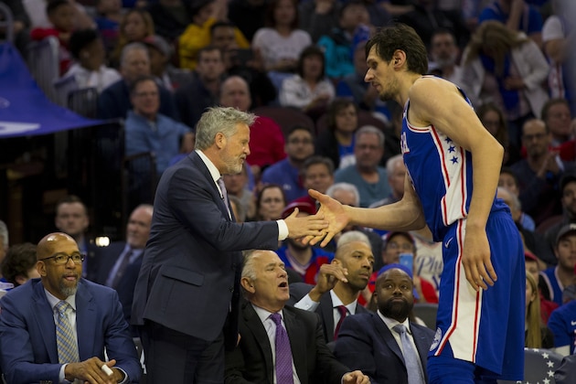 PHILADELPHIA, PA - APRIL 15: Head coach Brett Brown of the Philadelphia 76ers congratulates Boban Marjanovic #51 against the Brooklyn Nets in Game Two of Round One of the 2019 NBA Playoffs at the Wells Fargo Center on April 15, 2019 in Philadelphia, Pennsylvania. NOTE TO USER: User expressly acknowledges and agrees that, by downloading and or using this photograph, User is consenting to the terms and conditions of the Getty Images License Agreement. (Photo by Mitchell Leff/Getty Images)