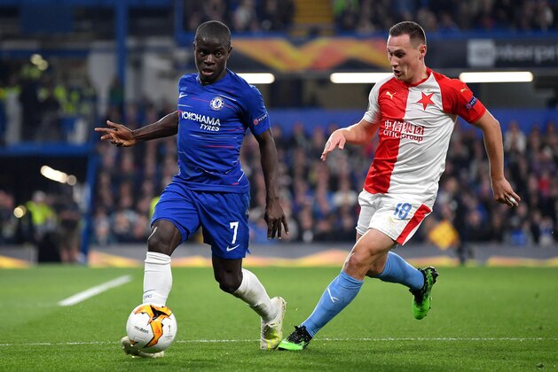 LONDON, ENGLAND - APRIL 18: N'golo Kante of Chelsea and Jan Boril of SK Slavia Praha clash during the UEFA Europa League Quarter Final Second Leg match between Chelsea and Slavia Praha at Stamford Bridge on April 18, 2019 in London, England. (Photo by Dan Mullan/Getty Images)