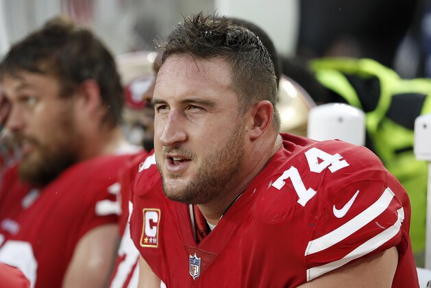 San Francisco 49ers offensive tackle Joe Staley (74) sits on the bench during an NFL football game against the Seattle Seahawks in Santa Clara, Calif., Sunday, Dec. 16, 2018. (AP Photo/Tony Avelar)