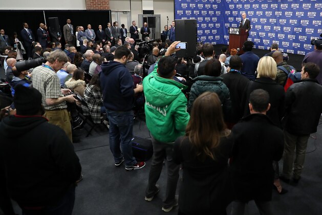 CHARLOTTE, NORTH CAROLINA - FEBRUARY 16: Adam Silver, NBA Commissioner, talks to the media during the NBA All Star Commissioner's Media Availability as part of the 2019 NBA All-Star Weekend at Spectrum Center on February 16, 2019 in Charlotte, North Carolina. (Photo by Streeter Lecka/Getty Images)