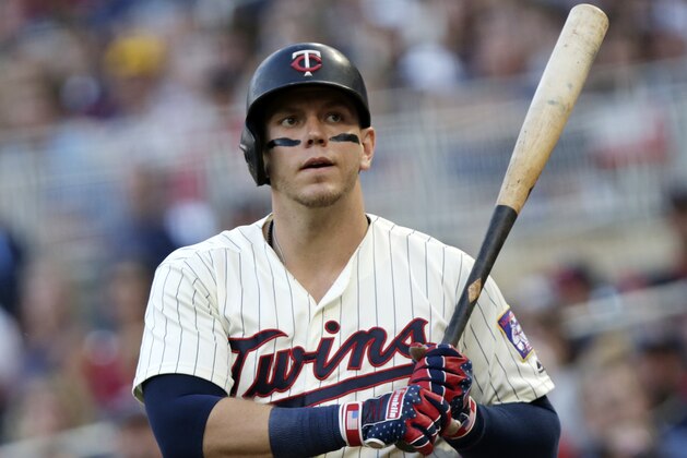 Minnesota Twins' Logan Morrison against the Cleveland Indians in the first inning of a baseball game Tuesday, July 31, 2018, in Minneapolis. The Indians defeated the Twins 6-2. (AP Photo/Andy Clayton-King)