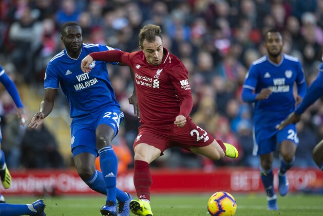LIVERPOOL, ENGLAND - OCTOBER 27: Xherdan Shaqiri of Liverpool scores during the Premier League match between Liverpool FC and Cardiff City at Anfield on October 27, 2018 in Liverpool, United Kingdom. (Photo by Visionhaus/Getty Images)