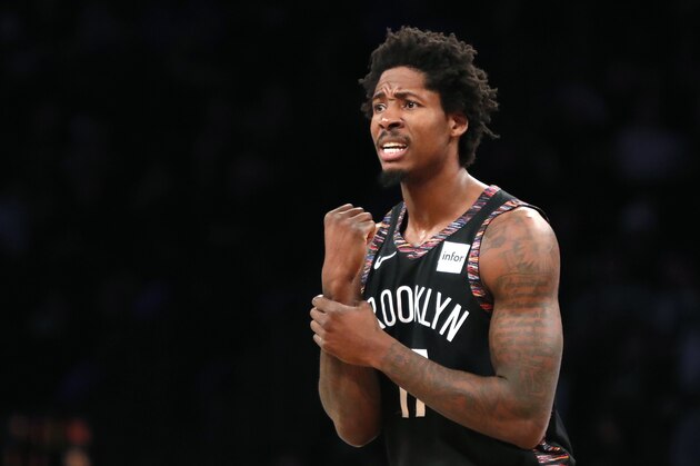 Brooklyn Nets forward Ed Davis (17) objects to the fact that the referee didn't make a call during the first half of an NBA basketball game against the Portland Trail Blazers, Thursday, Feb. 21, 2019, in New York. (AP Photo/Kathy Willens)