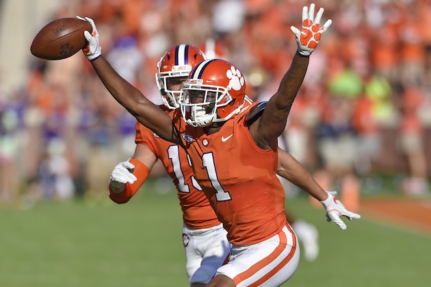 Clemson's Trayvon Mullen reacts after making an interception during the first half of an NCAA college football game against Boston College, Saturday, Sept. 23, 2017, in Clemson, S.C. (AP Photo/Richard Shiro)
