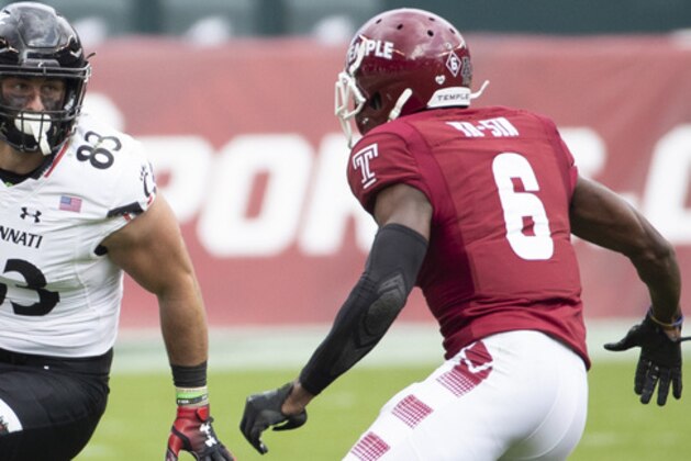 Cincinnati's tight end Josiah Deguara (83) in action against Temple's cornerback Rock Ya-Sin (6) during the first half of an NCAA college football, Saturday, Oct. 20, 2018, in Philadelphia. Temple won 24-17. (AP Photo/Chris Szagola)