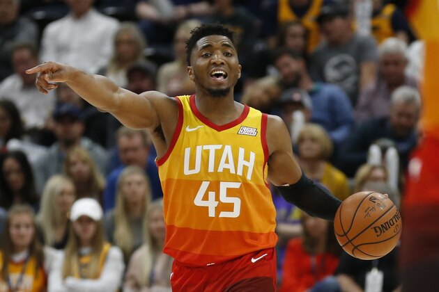 Utah Jazz guard Donovan Mitchell (45) brings the ball up court in the second half during an NBA basketball game Tuesday, April 9, 2019, in Salt Lake City. (AP Photo/Rick Bowmer)