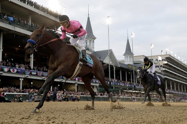 FILE - In this Nov. 2, 2018, file photo, Joel Rosario rides Game Winner to victory in the Breeders' Cup Juvenile horse race at Churchill Downs in Louisville, Ky. Unbeaten Game Winner is among 362 3-year-old thoroughbreds made eligible during the early nomination period to compete in the Kentucky Derby, Preakness and Belmont Stakes. (AP Photo/Darron Cummings, File)