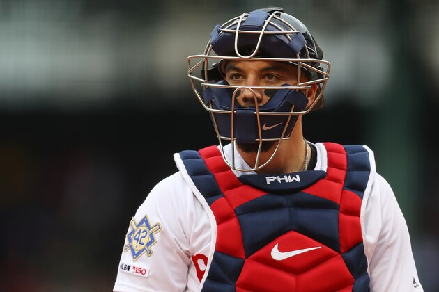 BOSTON, MASSACHUSETTS - APRIL 15: Blake Swihart #23 of the Boston Red Sox looks on during the first inning of the game against the Baltimore Orioles  at Fenway Park on April 15, 2019 in Boston, Massachusetts. All uniformed players and coaches are wearing number 42 in honor of Jackie Robinson Day.  (Photo by Maddie Meyer/Getty Images)