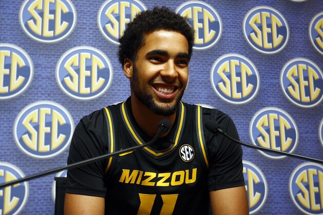 Missouri player Jontay Porter speaks during the SEC men's NCAA college basketball media day, Wednesday, Oct. 17, 2018, in Birmingham, Ala. (AP Photo/Butch Dill)