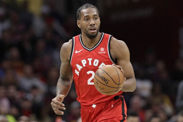 Toronto Raptors' Kawhi Leonard drives against the Cleveland Cavaliers in the second half of an NBA basketball game, Monday, March 11, 2019, in Cleveland. (AP Photo/Tony Dejak)