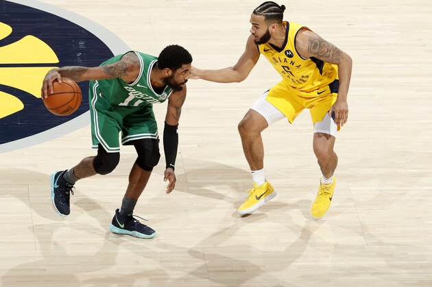 INDIANAPOLIS, IN - APRIL 19: Kyrie Irving #11 of the Boston Celtics handles the ball against the Indiana Pacers during Game Three of Round One of the 2019 NBA Playoffs on April 19, 2019 at Bankers Life Fieldhouse in Indianapolis, Indiana. NOTE TO USER: User expressly acknowledges and agrees that, by downloading and/or using this photograph, user is consenting to the terms and conditions of the Getty Images License Agreement. Mandatory Copyright Notice: Copyright 2019 NBAE (Photo by Jeff Haynes/NBAE via Getty Images)
