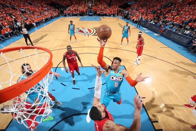 OKLAHOMA CITY, OK - APRIL 19: Russell Westbrook #0 of the Oklahoma City Thunder goes to the basket against the Portland Trail Blazers during Game Three of Round One of the 2019 NBA Playoffs on April 19, 2019 at Chesapeake Energy Arena in Oklahoma City, Oklahoma. NOTE TO USER: User expressly acknowledges and agrees that, by downloading and/or using this photograph, user is consenting to the terms and conditions of the Getty Images License Agreement. Mandatory Copyright Notice: Copyright 2019 NBAE (Photo by Joe Murphy/NBAE via Getty Images)