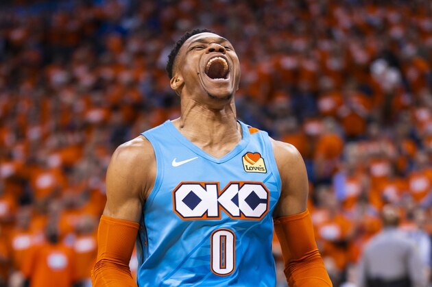 OKLAHOMA CITY, OK - APRIL 19: Russell Westbrook #0 of the Oklahoma City Thunder reacts prior to a game against the Portland Trail Blazers before Round One Game Three of the 2019 NBA Playoffs on April 19, 2019 at Chesapeake Energy Arena in Oklahoma City, Oklahoma. NOTE TO USER: User expressly acknowledges and agrees that, by downloading and or using this photograph, User is consenting to the terms and conditions of the Getty Images License Agreement. Mandatory Copyright Notice: Copyright 2019 NBAE (Photo by Zach Beeker/NBAE via Getty Images)