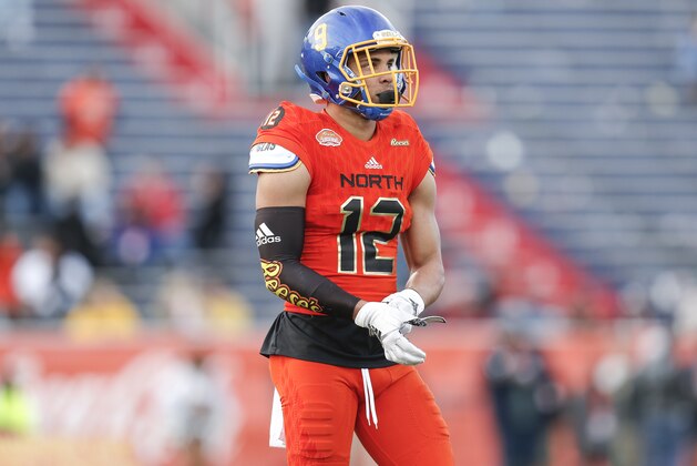 MOBILE, AL - JANUARY 26: Defensive Back Jordan Brown #12 from South Dakota State of the North Team in action during the 2019 Reese's Senior Bowl at Ladd-Peebles Stadium on January 26, 2019 in Mobile, Alabama. The North defeated the South 34 to 24. (Photo by Don Juan Moore/Getty Images)
