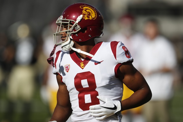 USC Trojans cornerback Iman Marshall (8) in the first half of an NCAA college football game Saturday, Nov. 11, 2017, in Boulder, Colo. (AP Photo/David Zalubowski)