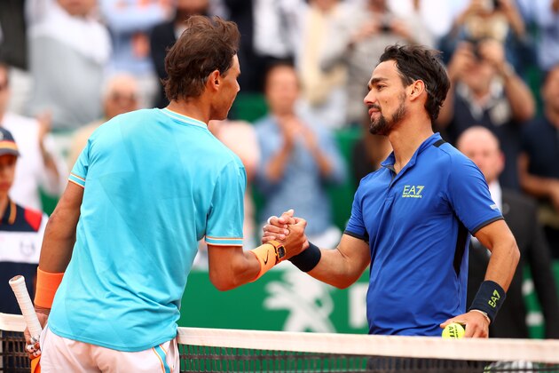 MONTE-CARLO, MONACO - APRIL 20: Fabio Fognini of Italy shakes hands at the net after his straight set victory against Rafael Nadal of Spain in their semifinal match during day seven of the Rolex Monte-Carlo Masters at Monte-Carlo Country Club on April 20, 2019 in Monte-Carlo, Monaco. (Photo by Clive Brunskill/Getty Images)