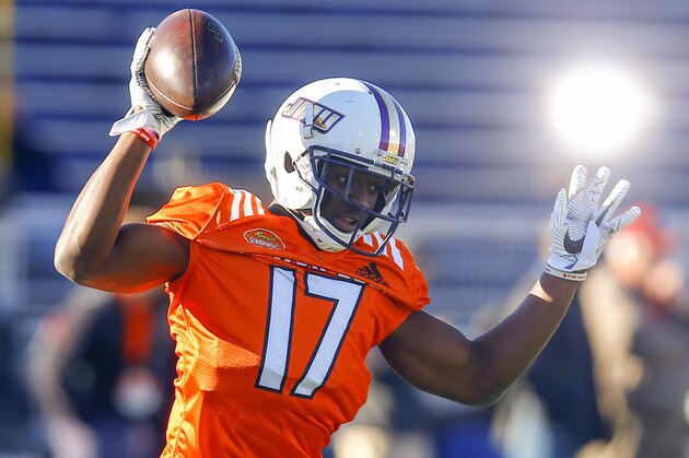 South defensive back Jimmy Moreland of James Madison (17) reacts after a reception during practice for Saturday's Senior Bowl college football game, Thursday, Jan. 24, 2019, in Mobile, Ala. (AP Photo/Butch Dill)