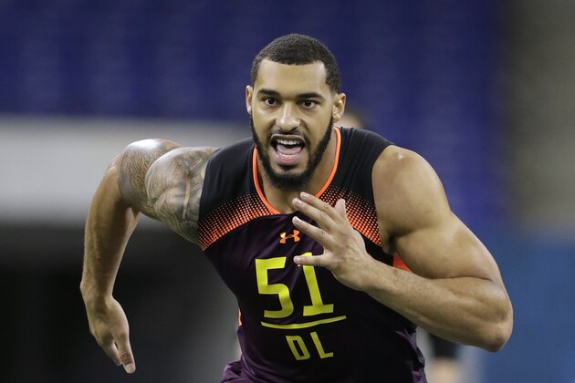 FILE - In this March 3, 2019, file photo, Mississippi State defensive lineman Montez Sweat runs a drill during the NFL football scouting combine, in Indianapolis. Sweat is a possible pick in the 2019 NFL Draft. (AP Photo/Darron Cummings, File)