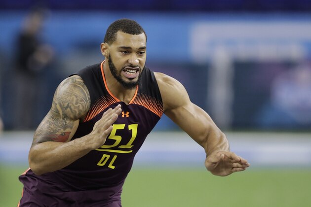Mississippi State defensive lineman Montez Sweat runs a drill during the NFL football scouting combine, Sunday, March 3, 2019, in Indianapolis. (AP Photo/Darron Cummings)