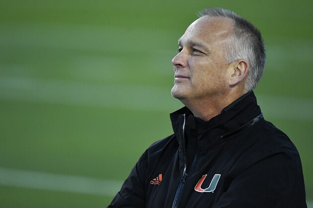 ATLANTA, GEORGIA - NOVEMBER 10: Head coach Mark Richt of the Miami Hurricanes watches other games in progress on the stadium's scoreboard broadcast prior to the Hurricanes' football game against the Georgia Tech Yellow Jackets at Bobby Dodd Stadium on November 10, 2018 in Atlanta, Georgia. (Photo by Mike Comer/Getty Images)