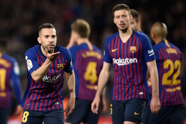Barcelona's Spanish defender Jordi Alba (L) celebrates scoring his team's second goal during the Spanish league football match between FC Barcelona and Real Sociedad at the Camp Nou stadium in Barcelona on April 20, 2019. (Photo by PAU BARRENA / AFP) (Photo credit should read PAU BARRENA/AFP/Getty Images) Barcelona's Spanish defender Jordi Alba (L) celebrates scoring his team's second goal during the Spanish league football match between FC Barcelona and Real Sociedad at the Camp Nou stadium in Barcelona on April 20, 2019. (Photo by PAU BARRENA / AFP) (Photo credit should read PAU BARRENA/AFP/Getty Images)