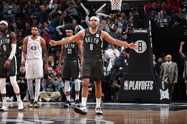 BROOKLYN, NY - APRIL 20:  Jared Dudley #6 of the Brooklyn Nets reacts against the Philadelphia 76ers during Game Four of Round One of the 2019 NBA Playoffs on April 20, 2019 at Barclays Center in Brooklyn, New York. NOTE TO USER: User expressly acknowledges and agrees that, by downloading and or using this Photograph, user is consenting to the terms and conditions of the Getty Images License Agreement. Mandatory Copyright Notice: Copyright 2019 NBAE (Photo by Nathaniel S. Butler/NBAE via Getty Images)