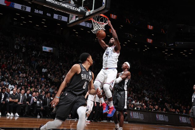 BROOKLYN, NY - APRIL 20: Joel Embiid #21 of the Philadelphia 76ers dunks the ball against the Brooklyn Nets  during Game Four of Round One of the 2019 NBA Playoffs on April 20, 2019 at Barclays Center in Brooklyn, New York. NOTE TO USER: User expressly acknowledges and agrees that, by downloading and or using this Photograph, user is consenting to the terms and conditions of the Getty Images License Agreement. Mandatory Copyright Notice: Copyright 2019 NBAE (Photo by Nathaniel S. Butler/NBAE via Getty Images)