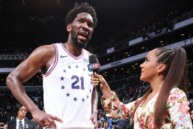 BROOKLYN, NY - APRIL 20: Joel Embiid #21 of the Philadelphia 76ers talks to the media after defeating the Brooklyn Nets in Game Four of Round One of the 2019 NBA Playoffs on April 20, 2019 at Barclays Center in Brooklyn, New York. NOTE TO USER: User expressly acknowledges and agrees that, by downloading and or using this Photograph, user is consenting to the terms and conditions of the Getty Images License Agreement. Mandatory Copyright Notice: Copyright 2019 NBAE (Photo by Nathaniel S. Butler/NBAE via Getty Images)