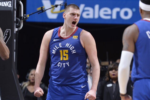 SAN ANTONIO, TX - APRIL 20: Nikola Jokic #15 of the Denver Nuggets reacts against the San Antonio Spurs  during Game Four of Round One of the 2019 NBA Playoffs on April 20, 2019 at the AT&T Center in San Antonio, Texas. NOTE TO USER: User expressly acknowledges and agrees that, by downloading and or using this photograph, user is consenting to the terms and conditions of the Getty Images License Agreement. Mandatory Copyright Notice: Copyright 2019 NBAE (Photos by Mark Sobhani/NBAE via Getty Images)