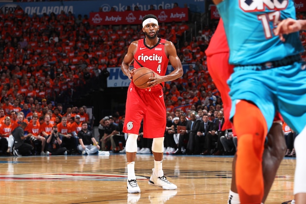 OKLAHOMA CITY, OK - APRIL 19: Maurice Harkless #4 of the Portland Trail Blazers handles the ball against the Oklahoma City Thunder during Round One Game Three of the 2019 NBA Playoffs on April 19, 2019 at Chesapeake Energy Arena in Oklahoma City, Oklahoma. NOTE TO USER: User expressly acknowledges and agrees that, by downloading and or using this photograph, User is consenting to the terms and conditions of the Getty Images License Agreement. Mandatory Copyright Notice: Copyright 2019 NBAE (Photo by Zach Beeker/NBAE via Getty Images)