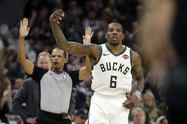 Milwaukee Bucks' Eric Bledsoe reacts after making a shot during the second half of Game 2 of the team's NBA basketball first-round playoff series against the Detroit Pistons on Wednesday, April 17, 2019, in Milwaukee. The Bucks won 120-99. (AP Photo/Aaron Gash)