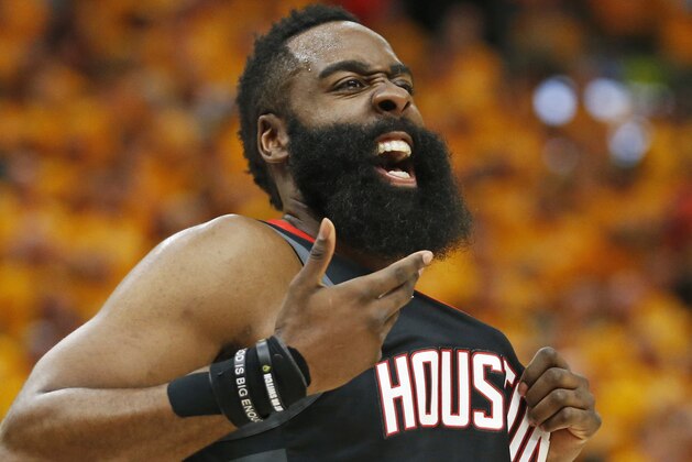 Houston Rockets guard James Harden (13) reacts after a foul in the first half during an NBA basketball game against the Utah Jazz Saturday, April 20, 2019, in Salt Lake City. (AP Photo/Rick Bowmer)